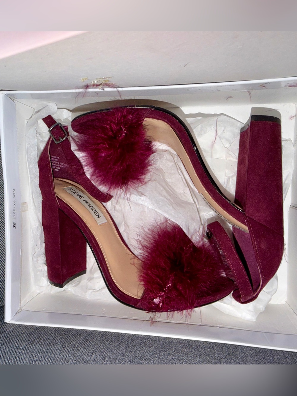 Steve Madden Wine Burgundy Pom-Pom Block Heel Sandals